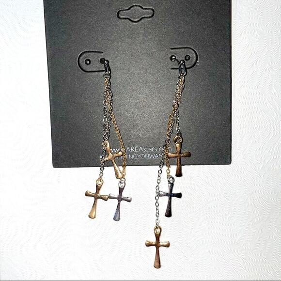 NEW - AREA STARS Mini Cross Triple Layer 3 tone Earrings dangly silver & gold - Picture 3 of 6